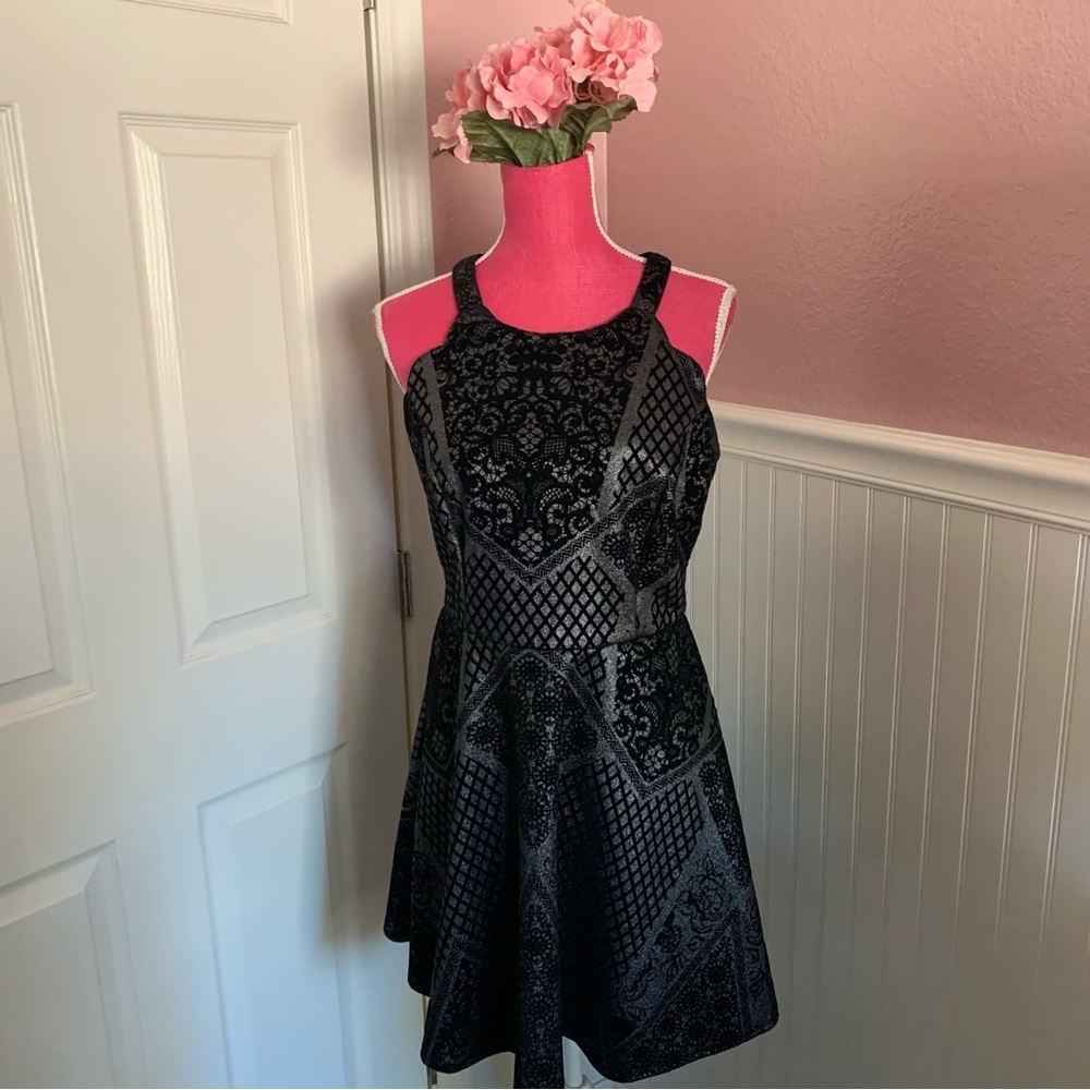 Metallic Silver and Black Burnout Velvet A-Line Dress size 13, EUC